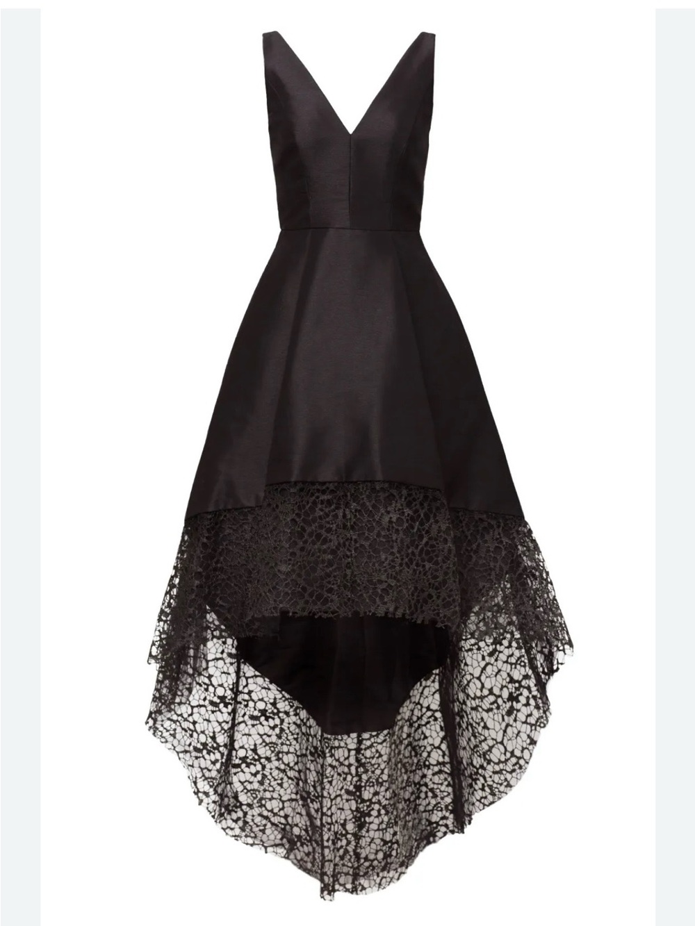 Xscape Black V-Neck High-Low Lace Hem Gown